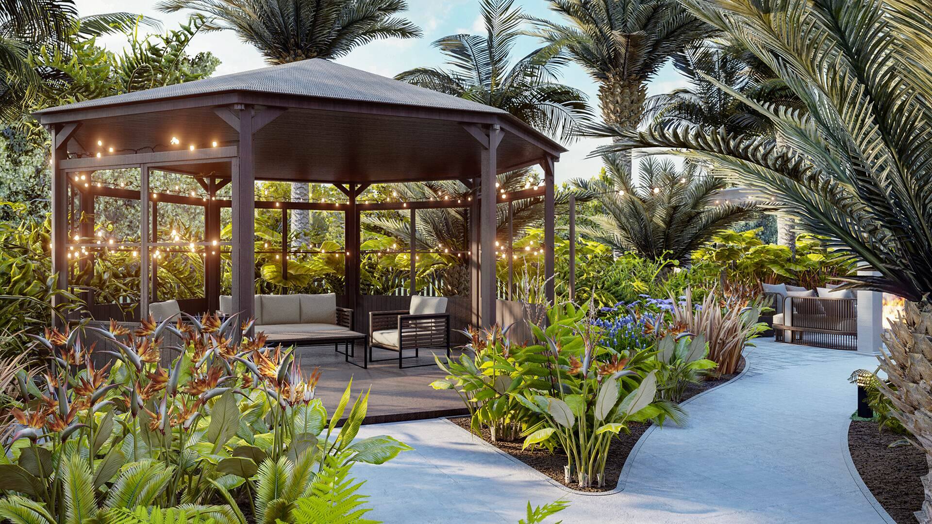 A sheltered patio or gazebo with adjustable features, furnished in a Mediterranean style, offering a comfortable and adaptable outdoor living space.
